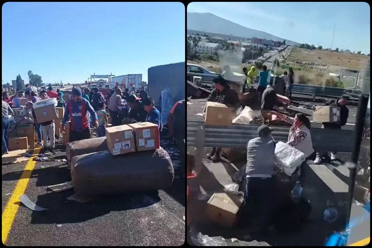 Aparece rapiña descontrolada tras volcadura de tráiler en el Arco Norte | VIDEO