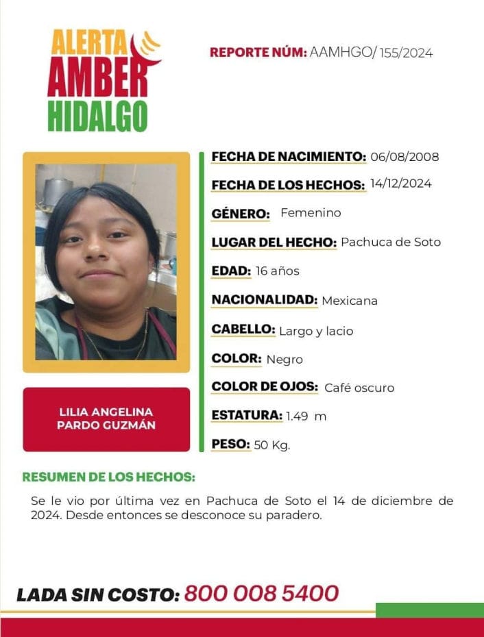 Emiten Alerta Amber en Pachuca por desaparición de adolescente de 16 años de edad