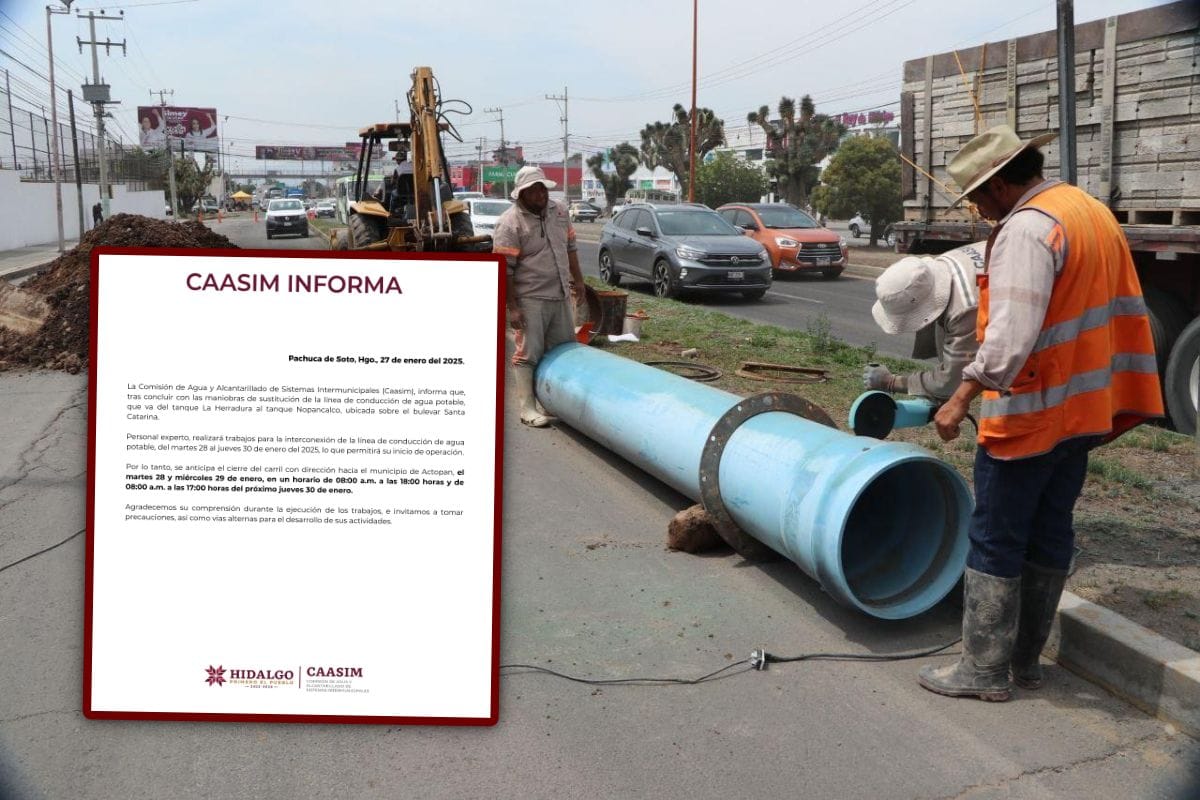 Caasim anuncia cierre de carril en bulevar de Pachuca por interconexión de línea de agua potable