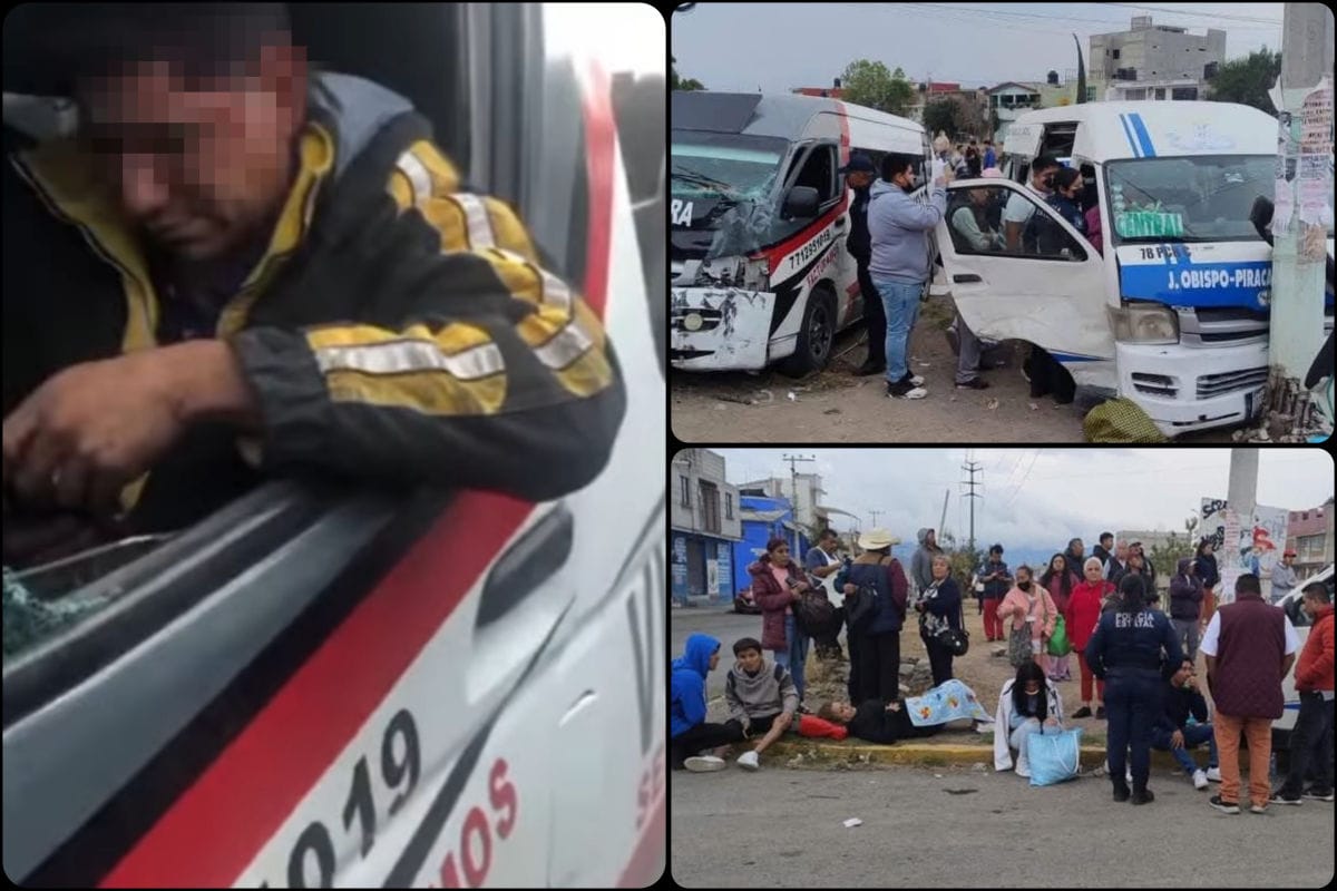 Encontronazo entre urvan de transporte y vulcanizadora móvil en Pachuca deja varias personas lesionadas